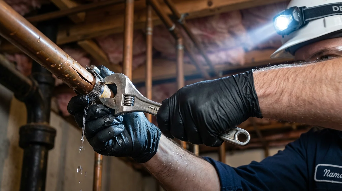 Emergency pipe clamp repair being performed by a Johns Plumbing LLC plumber in Platte City