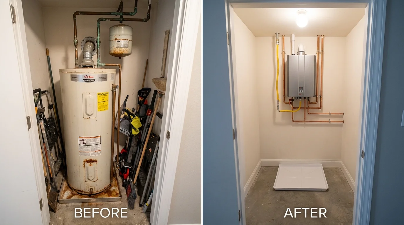 Tank water heater versus wall-mounted tankless unit comparison for Platte City, MO homeowners