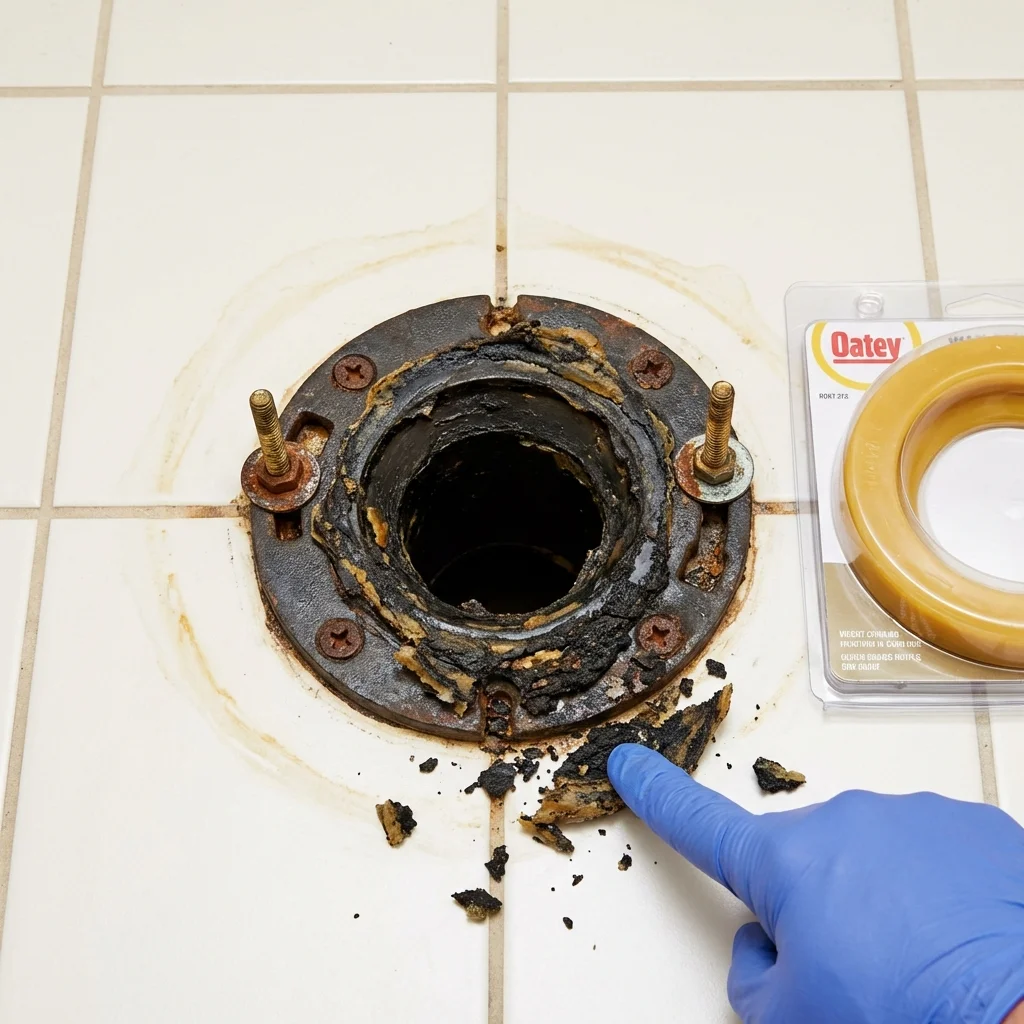 Failed wax ring showing water seepage at the base of a toilet in a Platte City, MO home