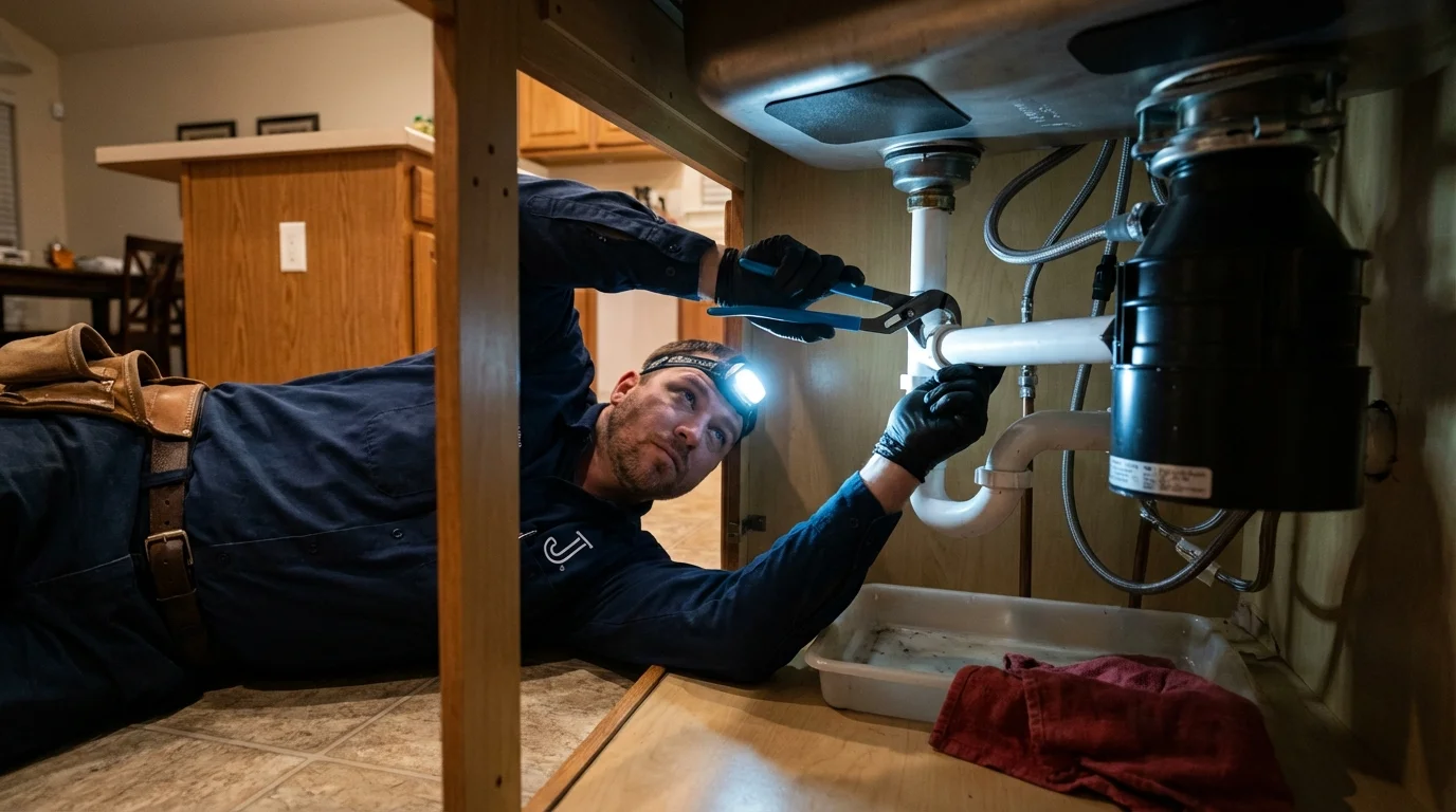 P-trap and supply line connections under a kitchen sink showing a common leak point in Platte City, MO